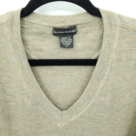 VTG 90s Banana Republic 100% Merino Wool V-Neck Sweater M Tan/Taupe - Picture 5 of 16